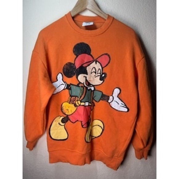 Disney Mickey Mouse Graphic Sweatshirt Orange Crewneck Vintage Style XS - Picture 1 of 6